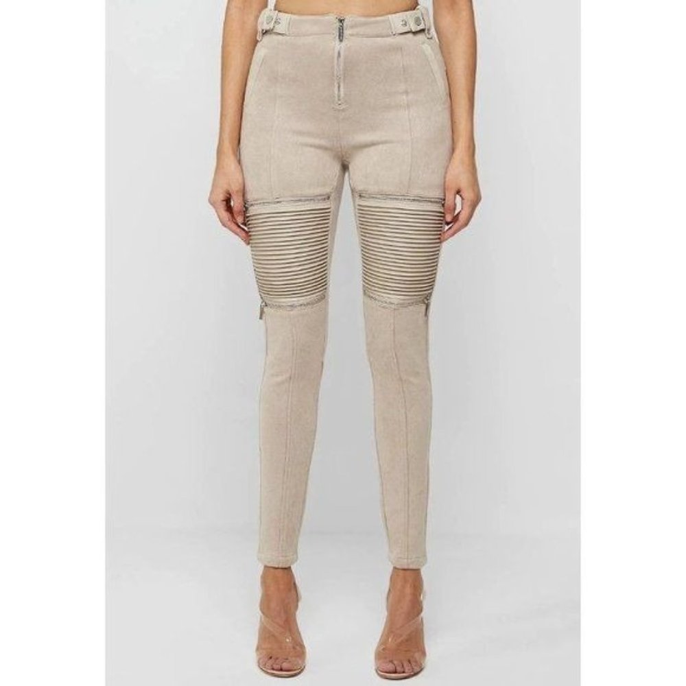 Maniere De Voir Tan Faux-Leather Zipper Front Skinny Moto Pleated Pants UK 4 NEW